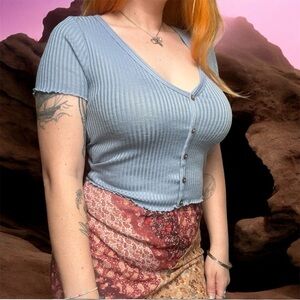 Streetwear Society Blue Ribbed Short Sleeve Cotton V Neck False Button Crop Top